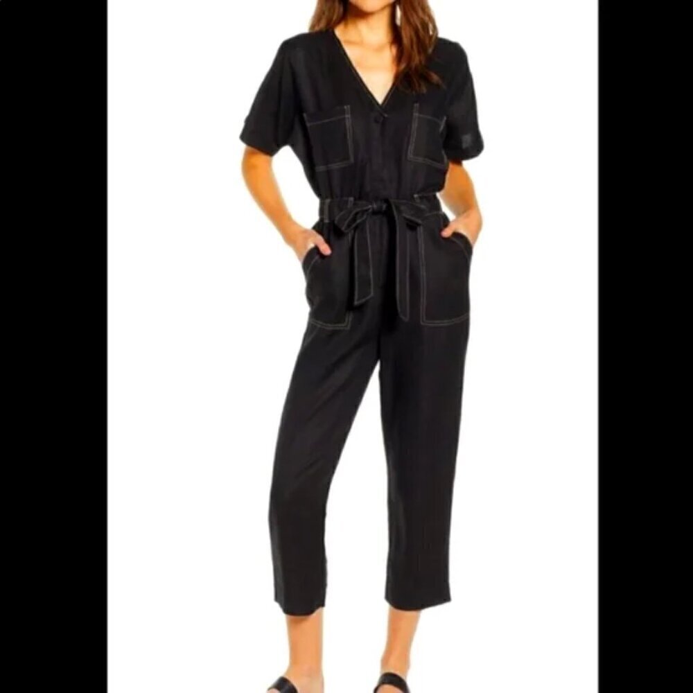 Moon River Black Belted Jumpsuit with Contrast Stitching, Size M